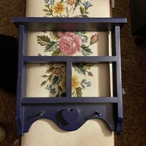 Vintage Shadow Box Shelf with Heart Wood  Display W/Hooks Wall Hanging 16x14x2"